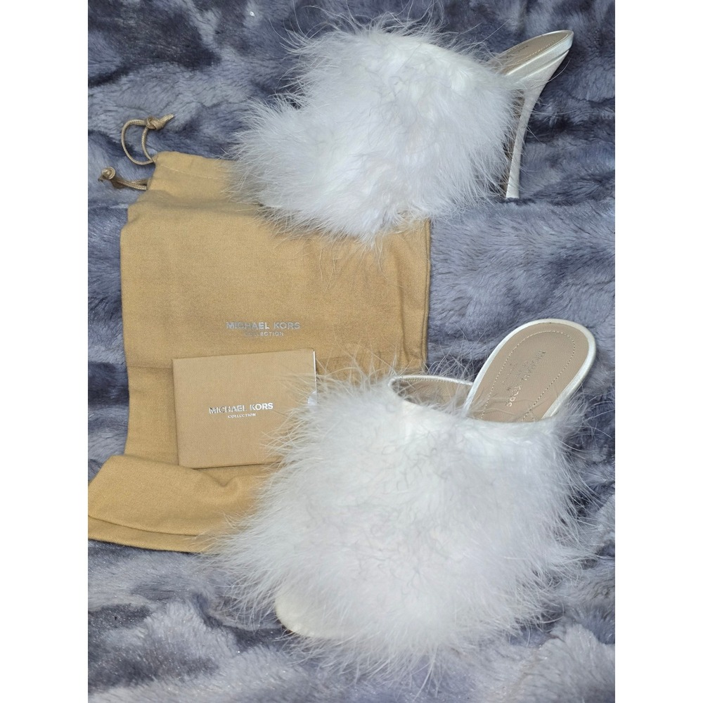 NWB Michael‎ Kors Collection Charmaine Feathers Satin Mules Optic White 36 US 6